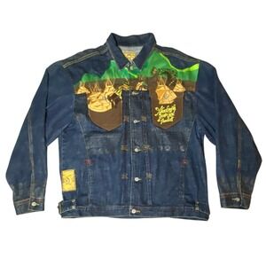 Akademiks Men's Native Embroidered Denim Trucker Jacket Blue Sz 2XL Y2K